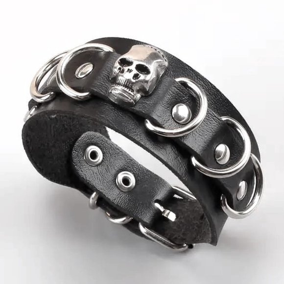 Leather Skull Cuff Bracelet Wrist Rivets Rings Bangle Punk Edgy Rock Biker Scene - Picture 1 of 4